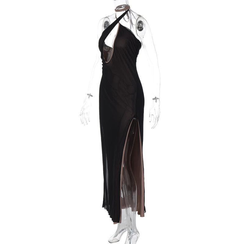 Slit mesh cross front hollow out ruched backless maxi dress - View 3