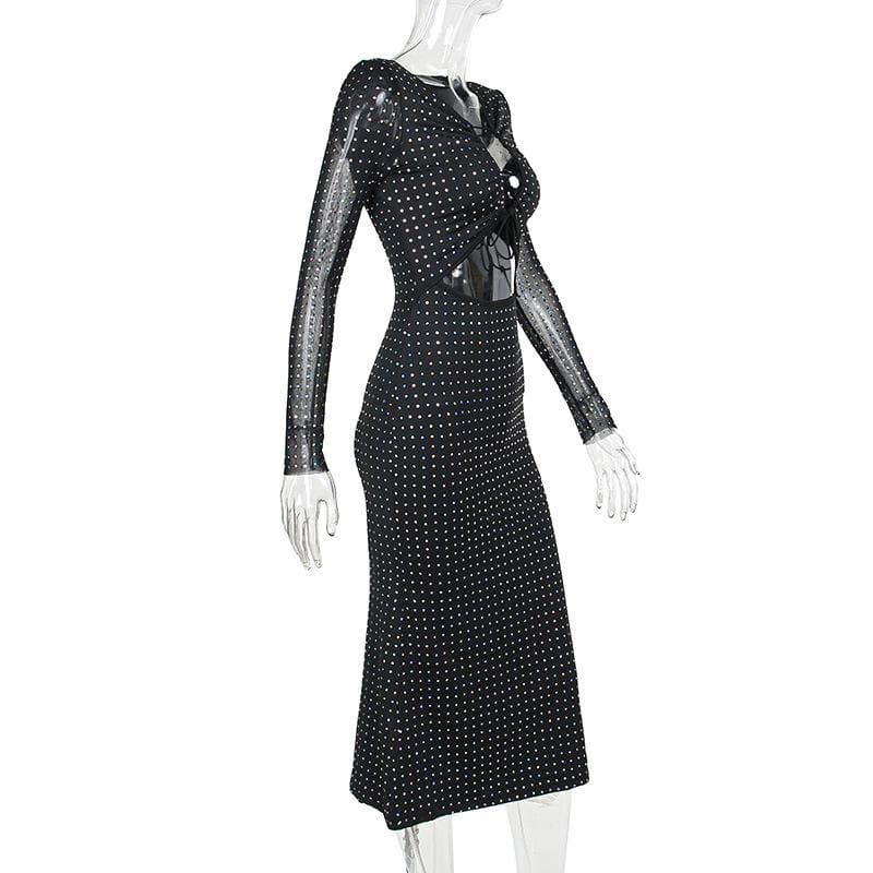 Polka dot contrast hollow out long sleeve mesh midi dress - View 3