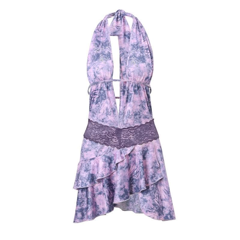 Tie Dye Halter Neck Lace Trim Ruffle Mini Dress - View 2