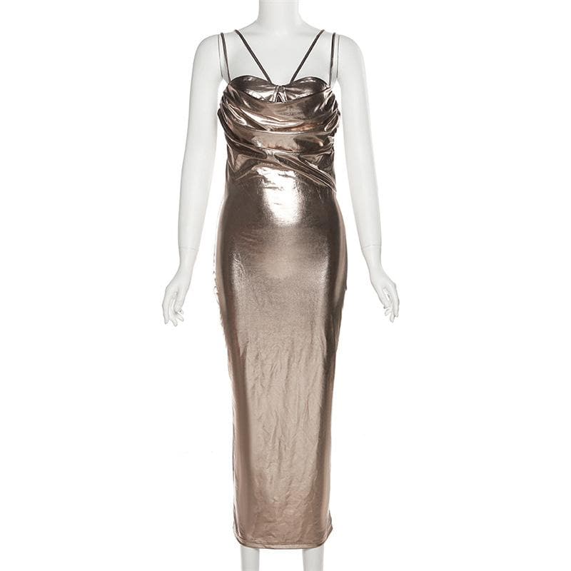 Metallic ruched backless patchwork solid midi dress - View 2