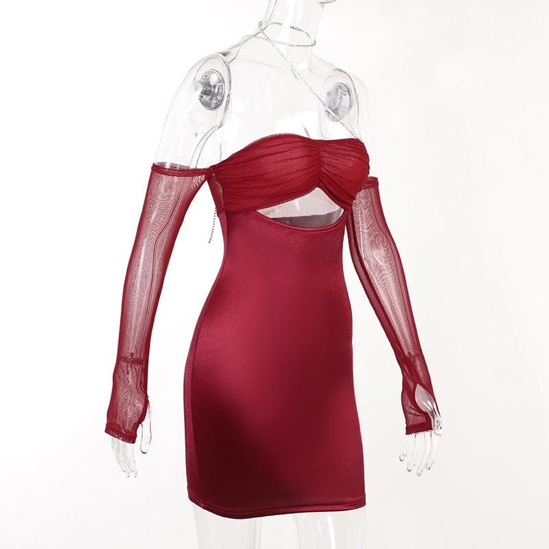 Mesh Glove Halter Neck Cut Out Ruched Bodycon Mini Dress - View 4