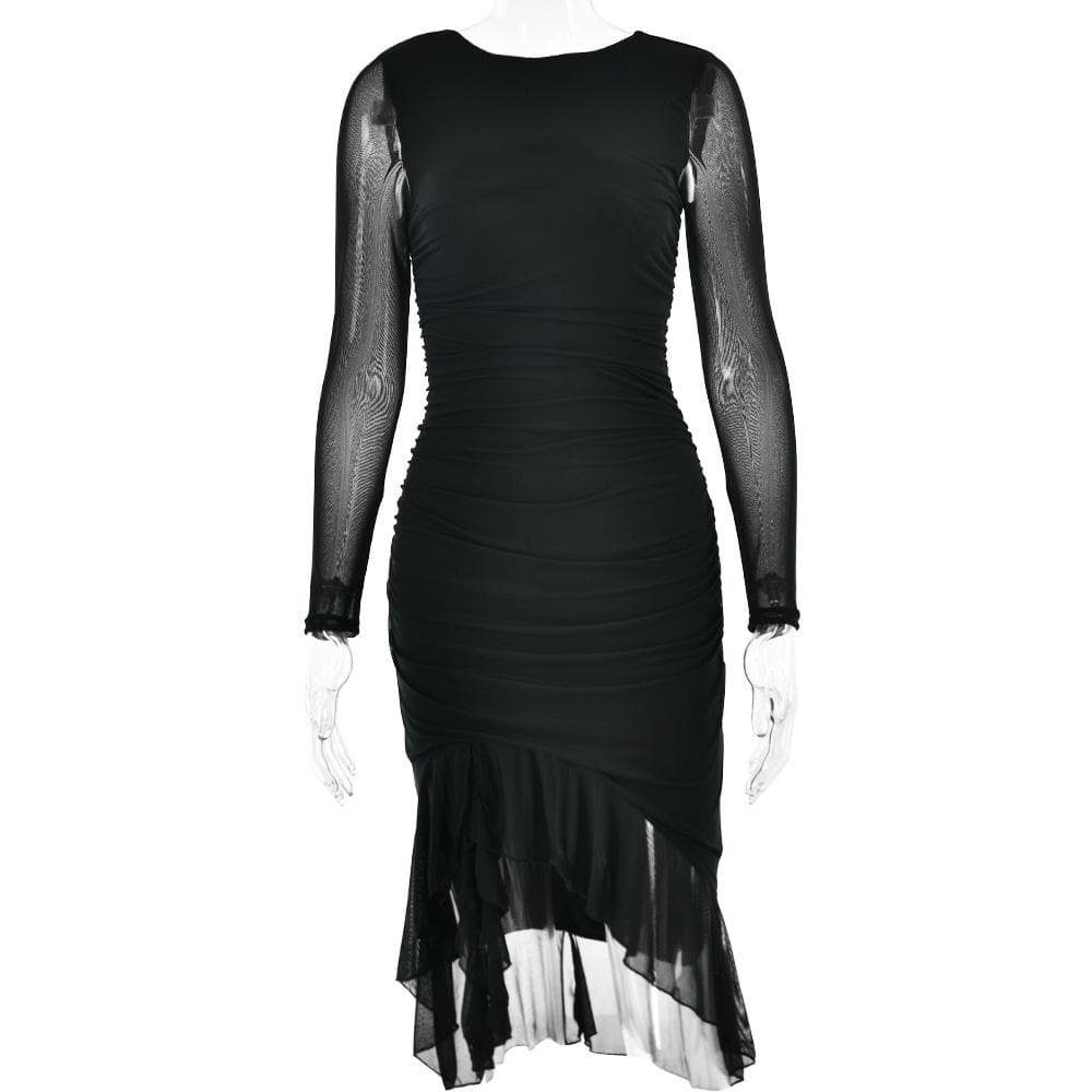 Mesh Ruched Long Sleeve Backless Ruffle Midi Dress - View 3