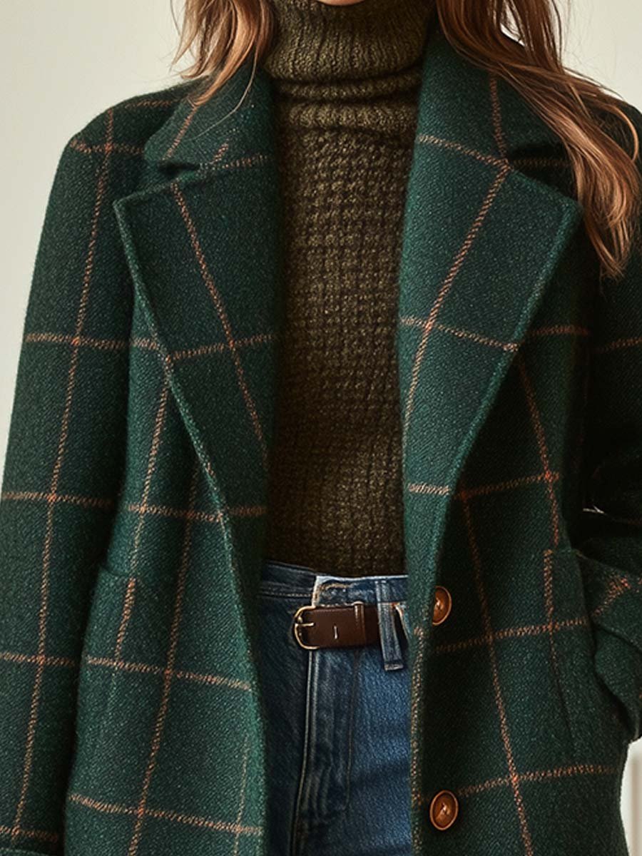 Women's Retro Lapel Plaid Tweed Coat - Fashionpara