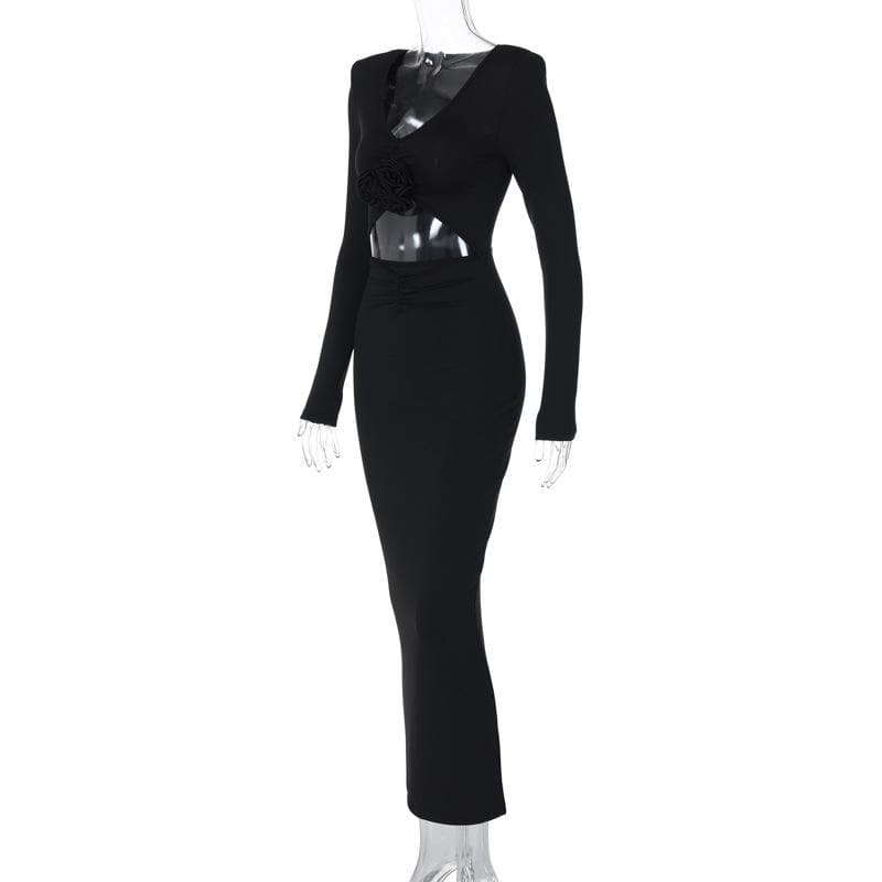 V-Neck Long Sleeve Flower Applique Cut Out Bodycon Maxi Dress - View 7