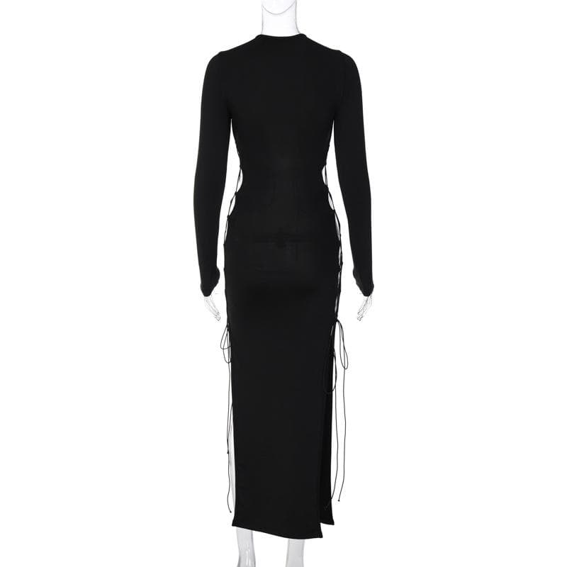 Long sleeve solid hollow out slit self tie lace up midi dress - View 5