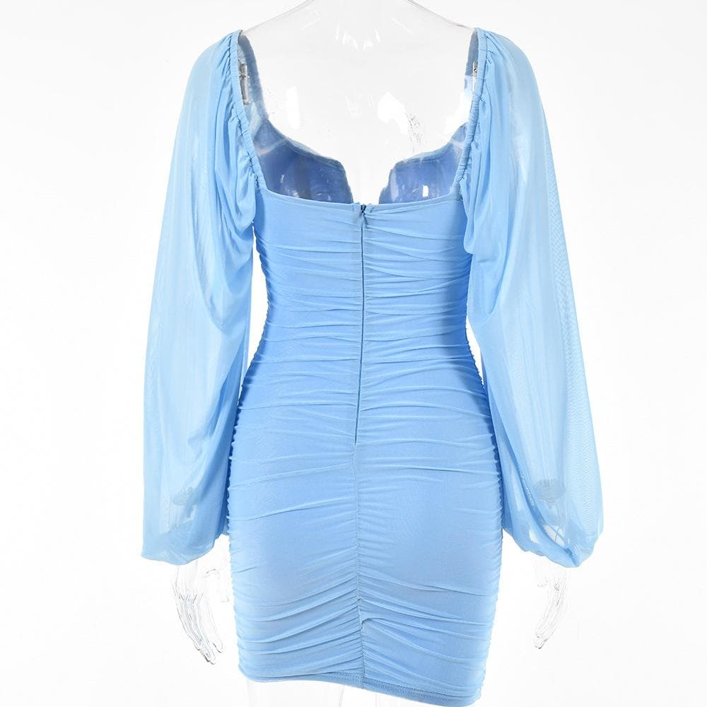 Mesh solid long sleeve ruched notch neck zip-up mini dress - View 9