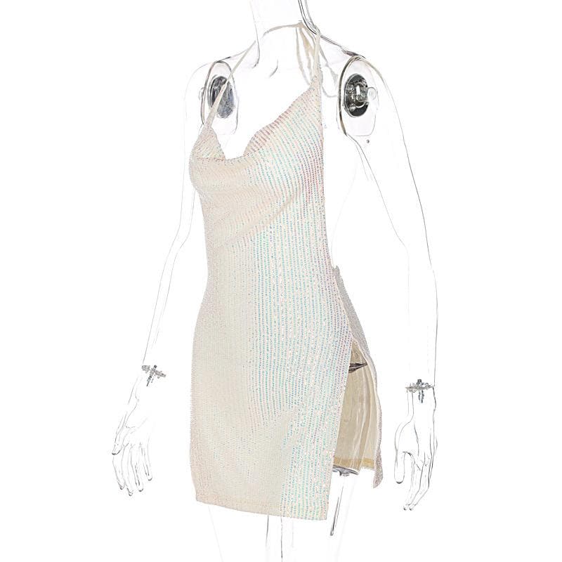 Glitter Cowl Neck Halter Backless High Split Bodycon Mini Dress - View 4