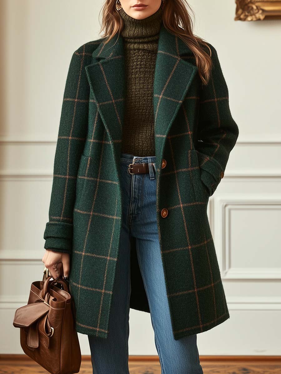 Women's Retro Lapel Plaid Tweed Coat - Fashionpara