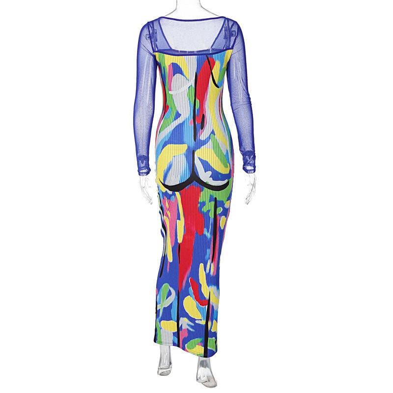Long sleeve contrast abstract mesh midi dress - View 5