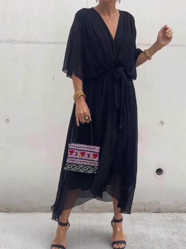 Chiffon Deep V-Neck Batwing Sleeve Tie Waist Ruffle Hem Midi Dress - View 3