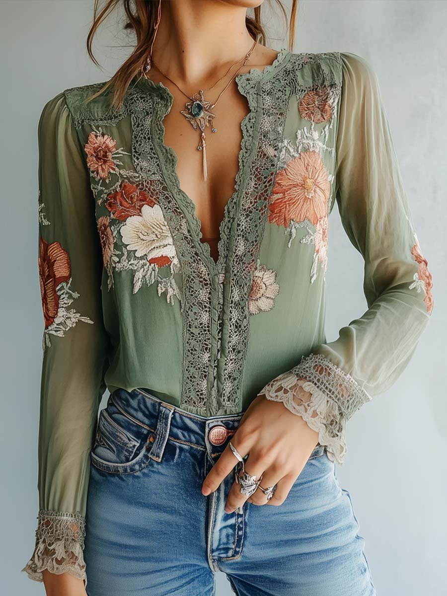 Limited Sale : Bohemian Floral Printed Lace Blouse - Fashionpara