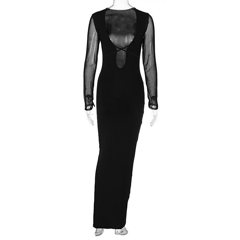 Mesh patchwork solid low cut long sleeve cross front maxi dress - View 11