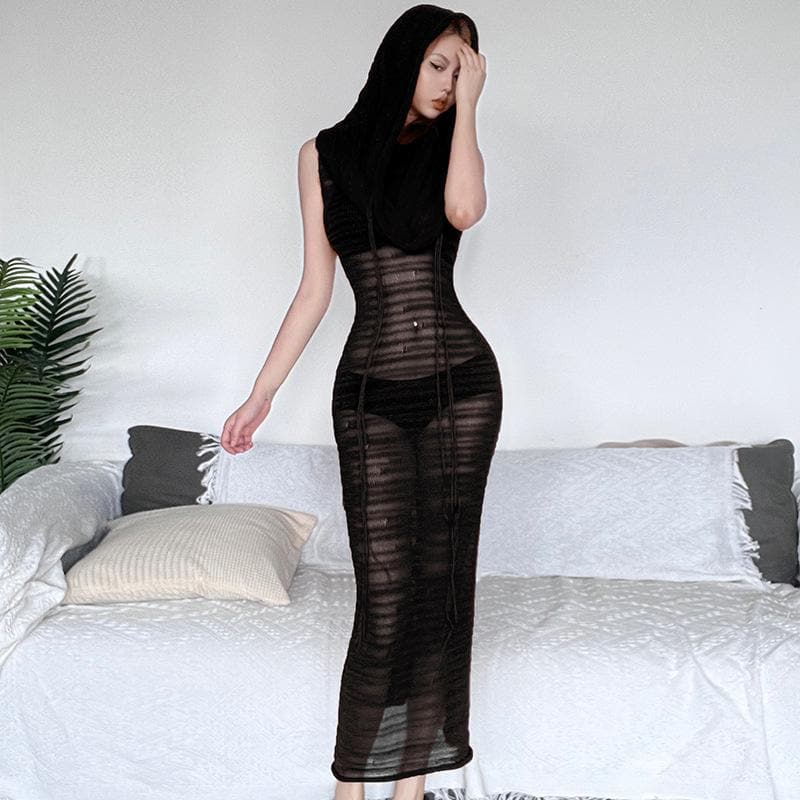 Hooded Sheer Ribbed Knit Sleeveless Bodycon Maxi Dress - View 4