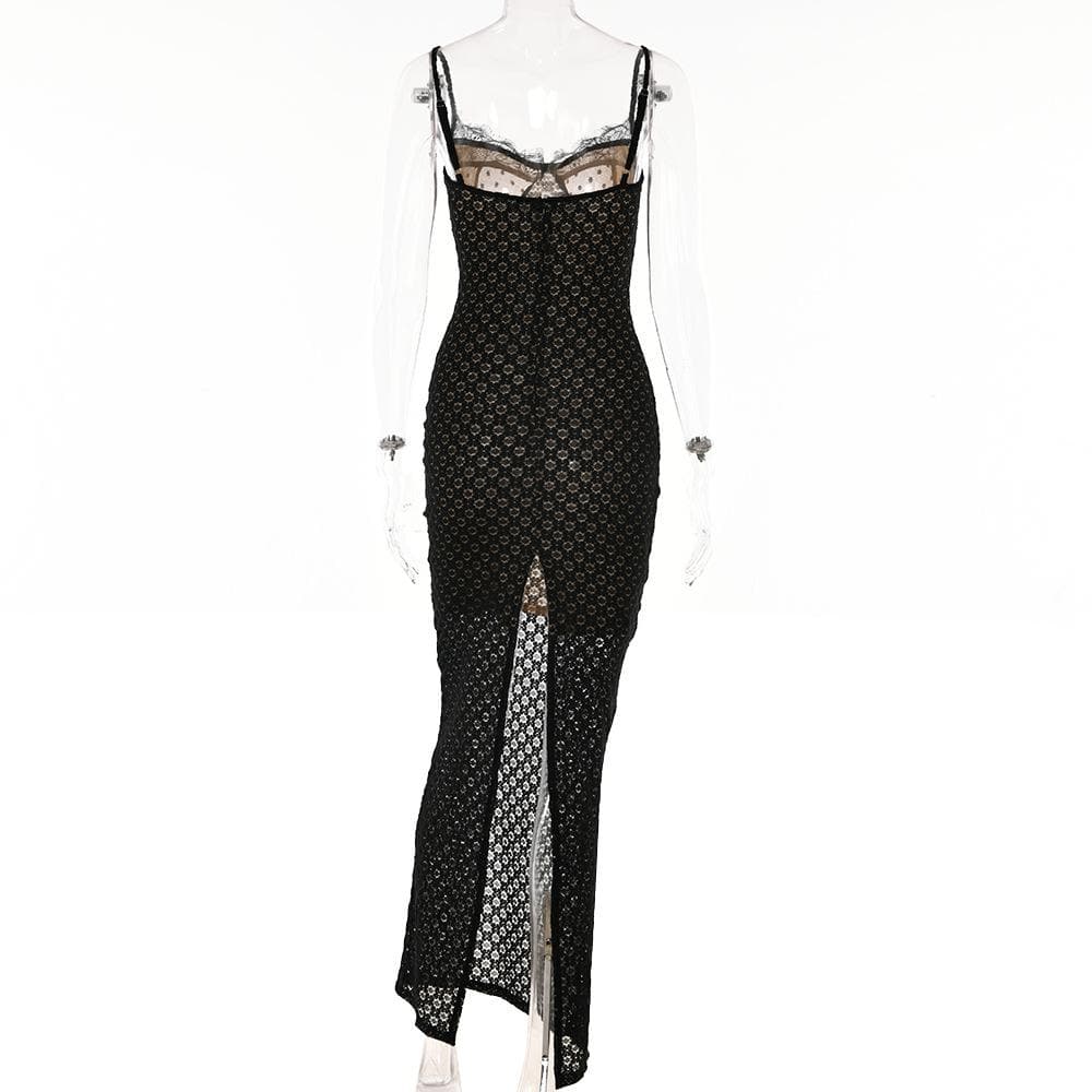 Mesh lace hem zip-up slit solid backless cami midi dress - View 4