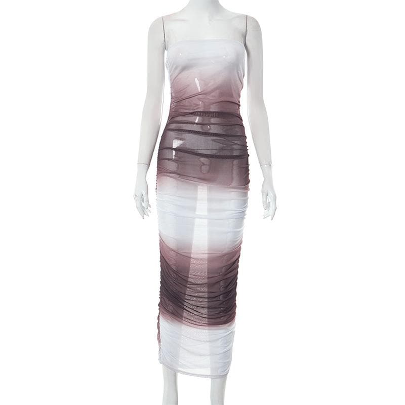 Gradient sheer mesh see through ruched tube maxi dress - View 8