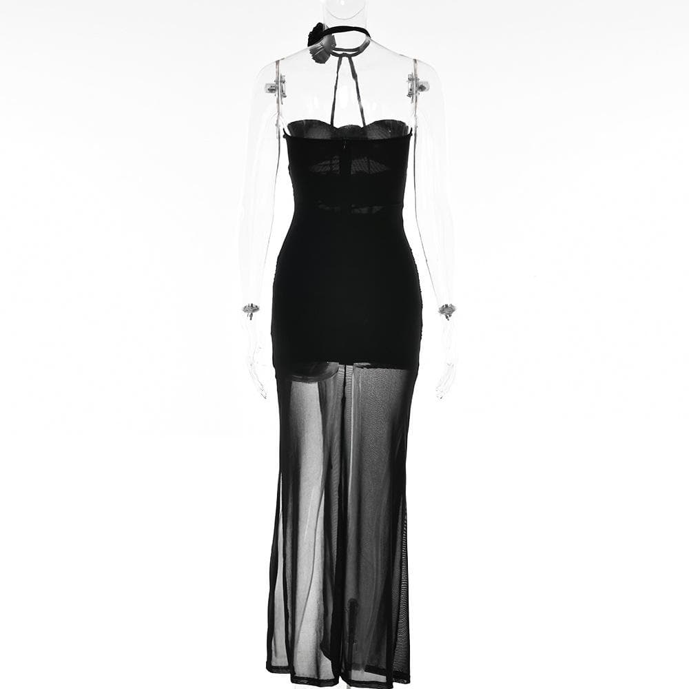 Mesh Strapless Flower Applique Cut Out High Split Maxi Dress - View 5
