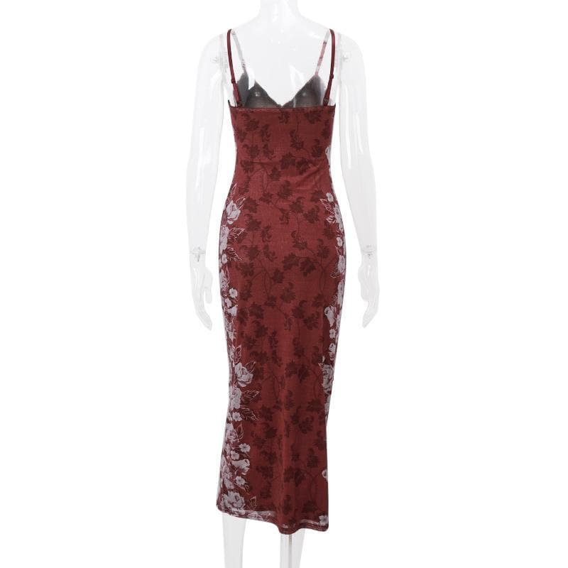Floral Print V-Neck Spaghetti Strap Bodycon Maxi Dress - View 4