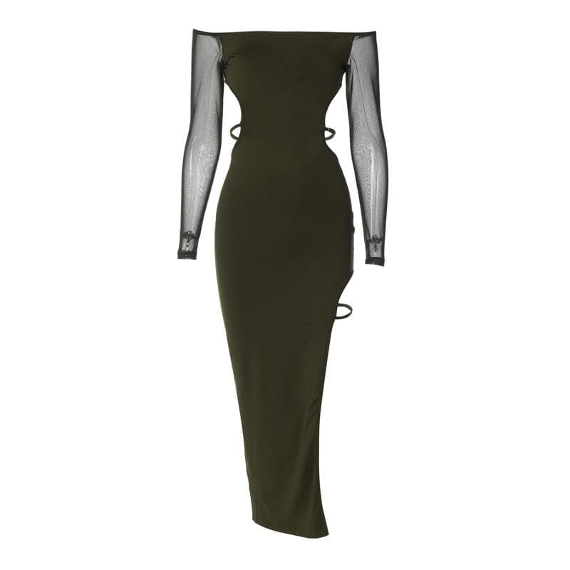 Long sleeve off shoulder hight slit mesh backless irregular midi dress
