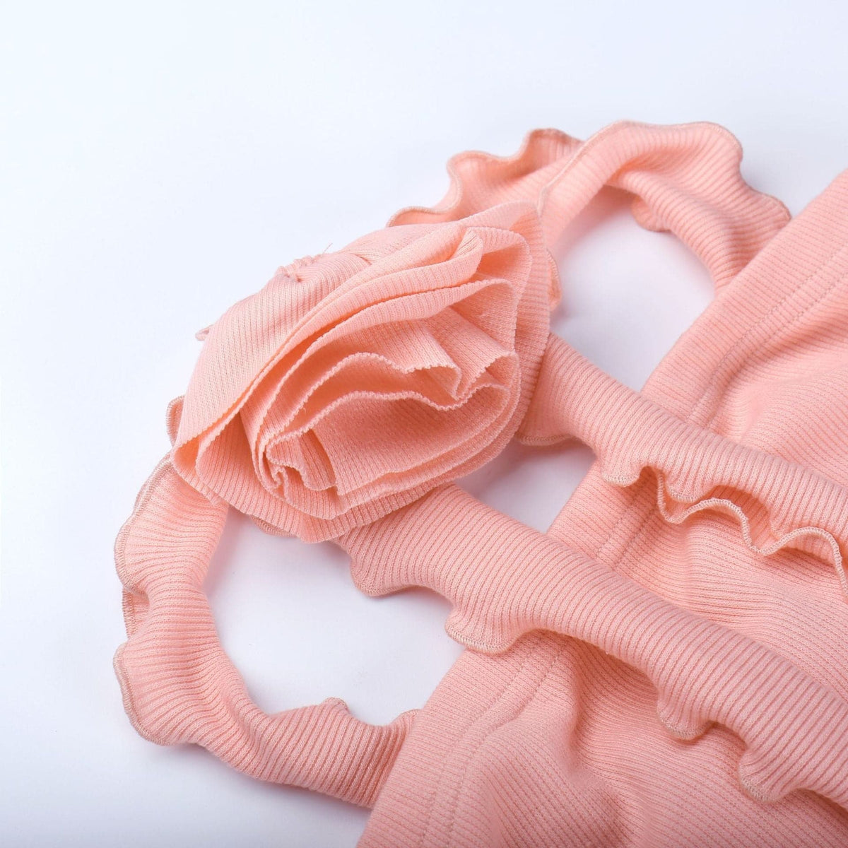 Ribbed Knit Halter Neck Flower Applique Ruffle Bodycon Midi Dress - View 7