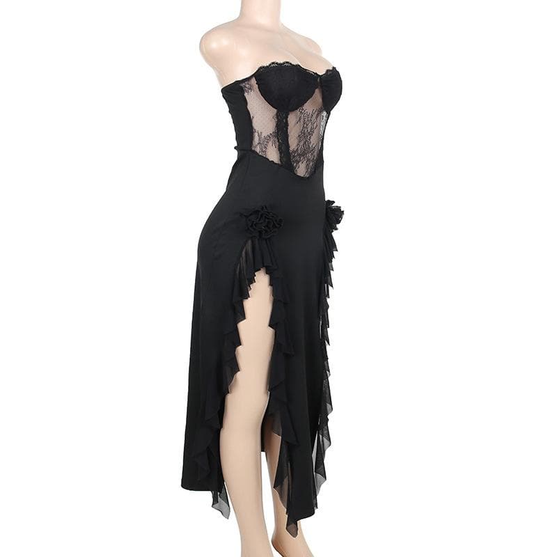 Lace Strapless Flower Applique Ruffle Backless Midi Dress - View 7