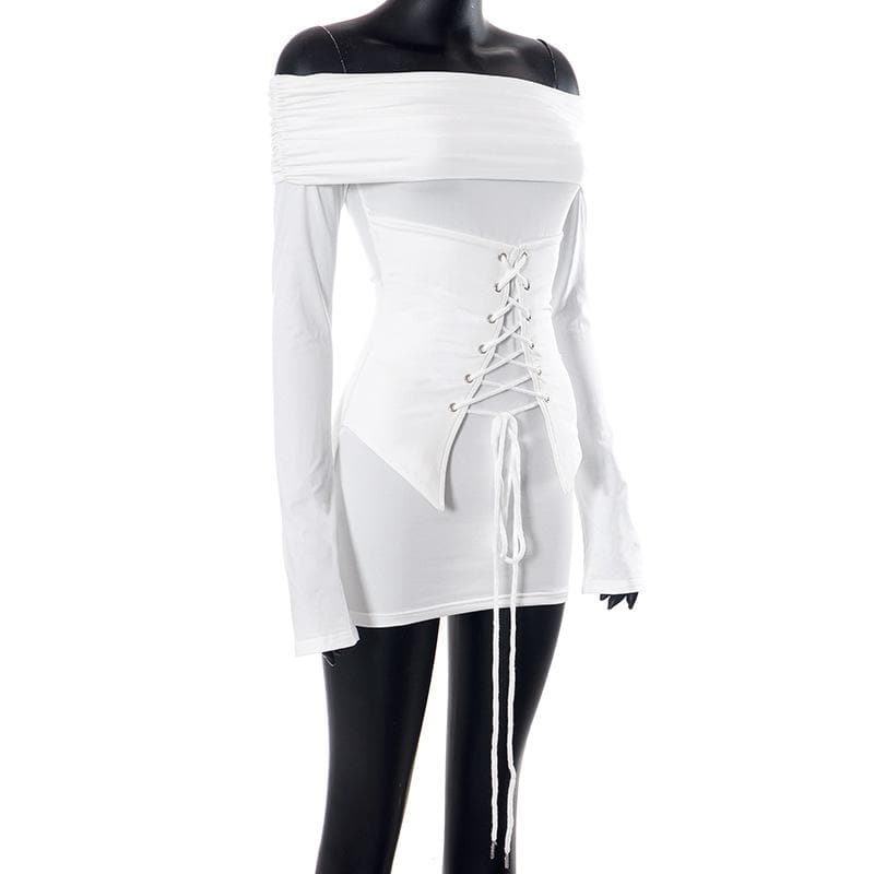 Lace up long sleeve off shoulder ruched solid mini dress - View 3