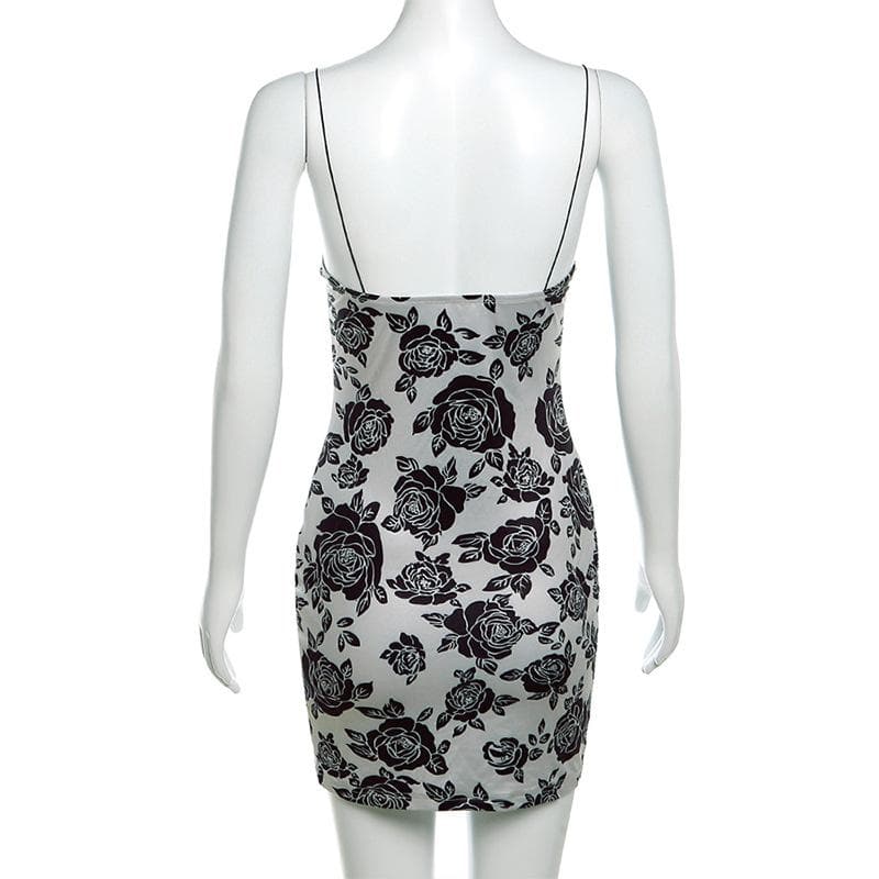 Rose print lace hem contrast spaghetti strap mini dress - View 5