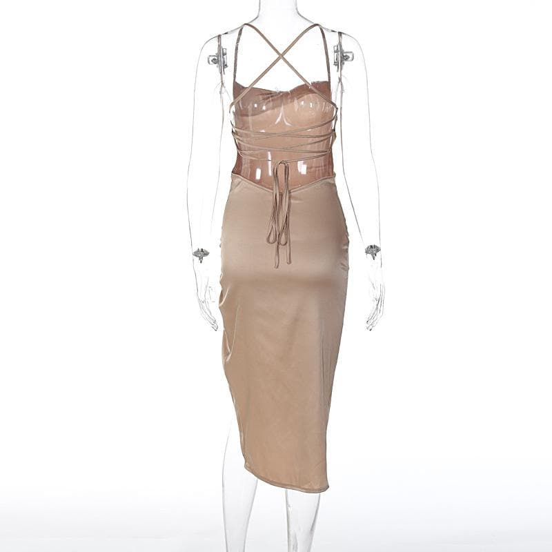 Sleeveless cross back cowl neck slit lace up self tie midi dress - View 4
