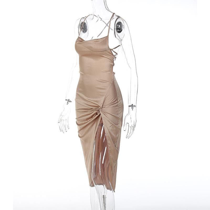 Sleeveless cross back cowl neck slit lace up self tie midi dress - View 3