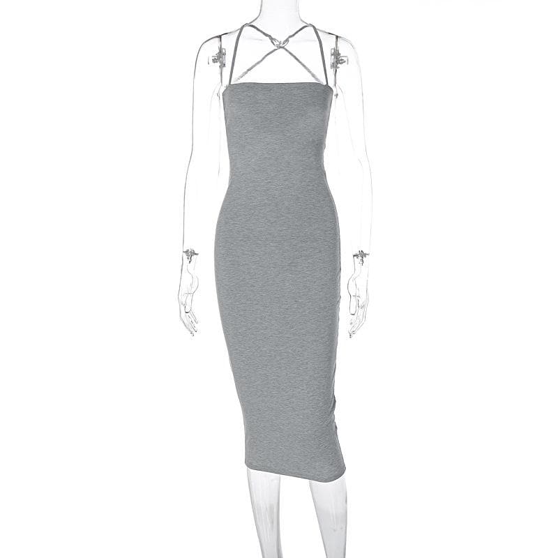 Cross back lace up self tie backless solid square neck midi dress - View 3