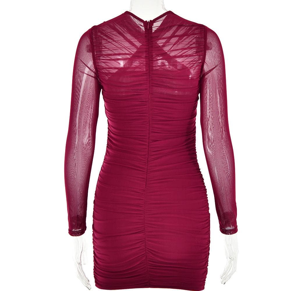 Cross Front Mesh Ruched Long Sleeve Mini Dress - View 5