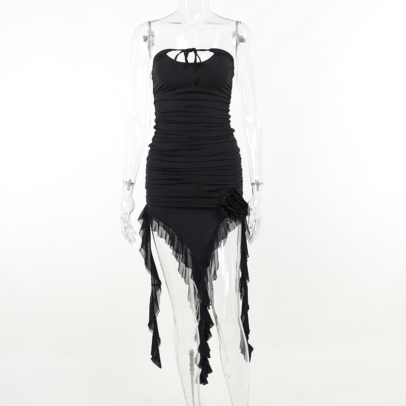 Strapless Cut Out Ruched Floral Applique High Low Midi Dress - View 3