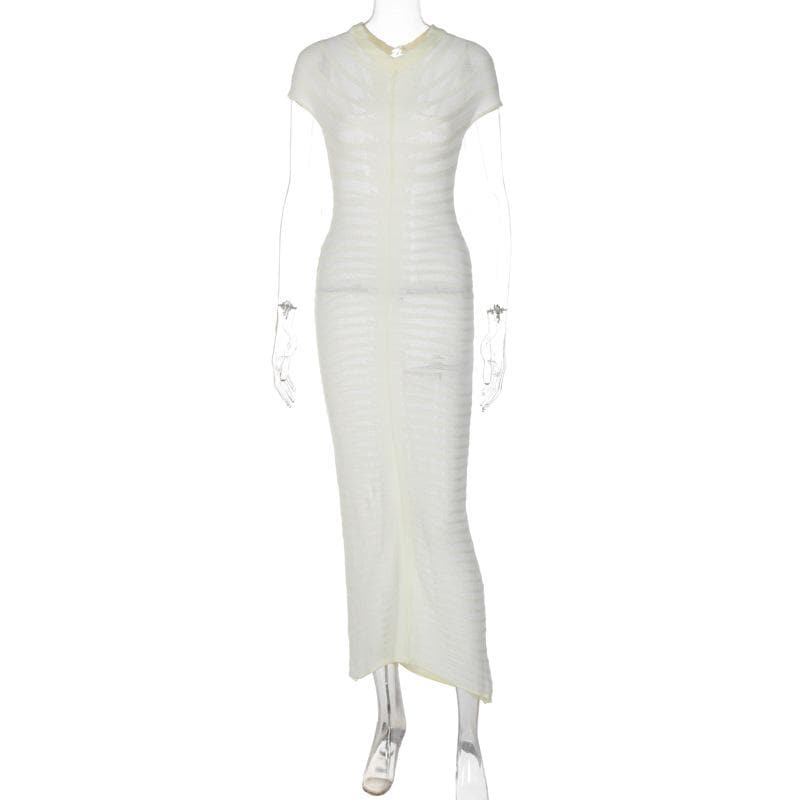 Short Sleeve Open Knit Pointelle Striped Bodycon Maxi Dress - View 2