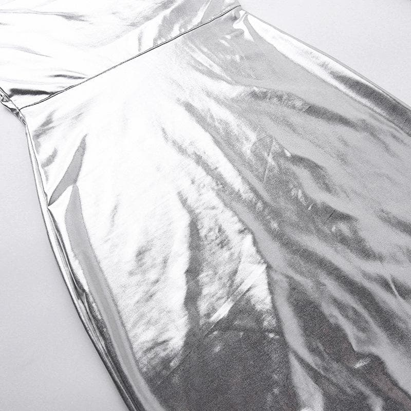 Cowl neck slit backless metallic cami midi dress - View 4