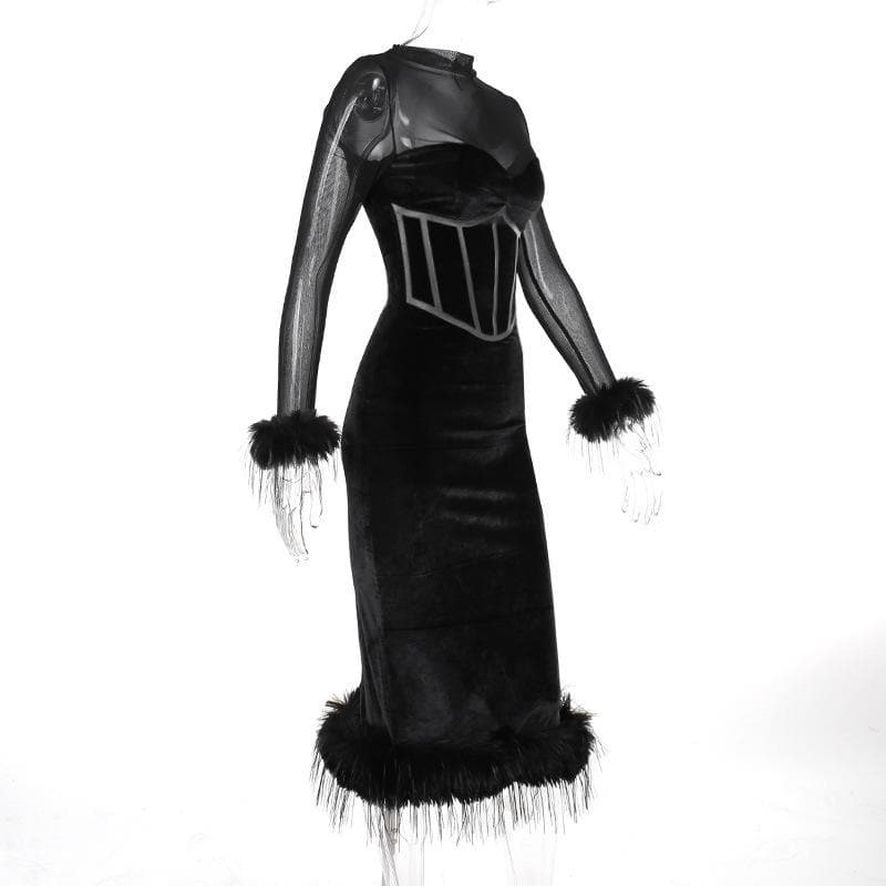 Long sleeve feather velvet mesh patchwork slit high neck midi dress - View 3