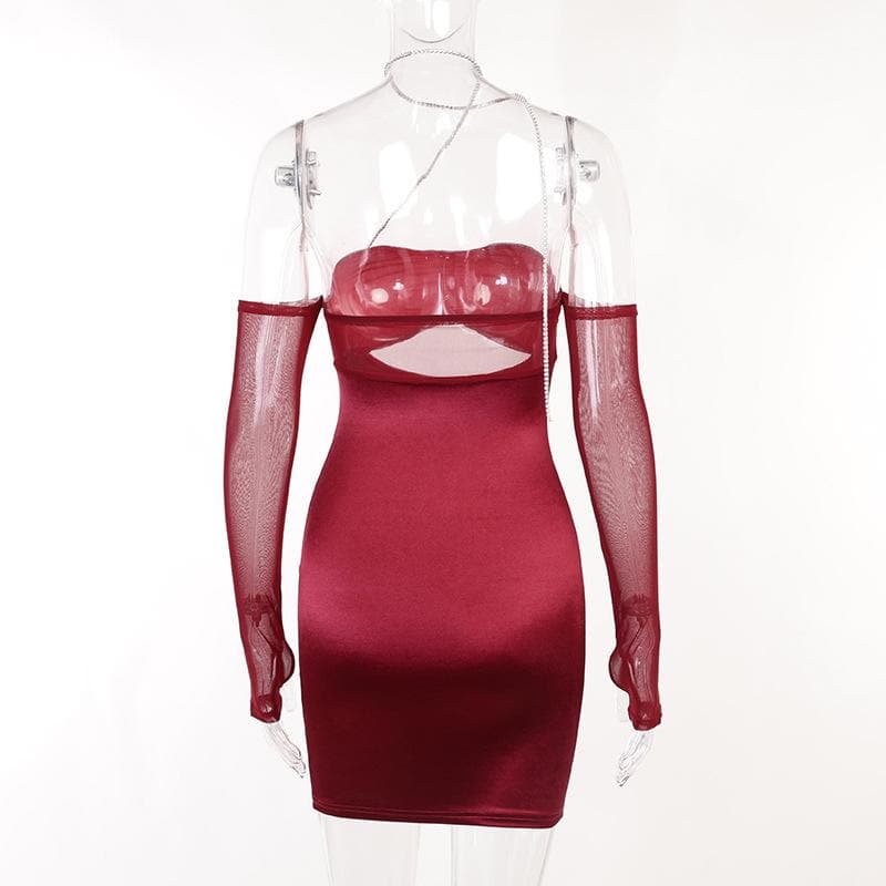 Mesh Glove Halter Neck Cut Out Ruched Bodycon Mini Dress - View 5