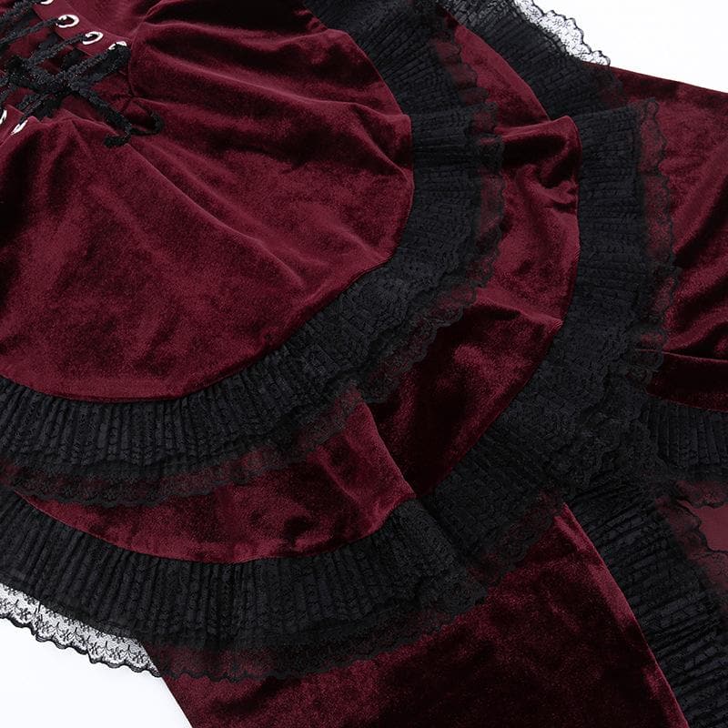 Velvet lace hem ruched lace up backless irregular midi dress - View 12