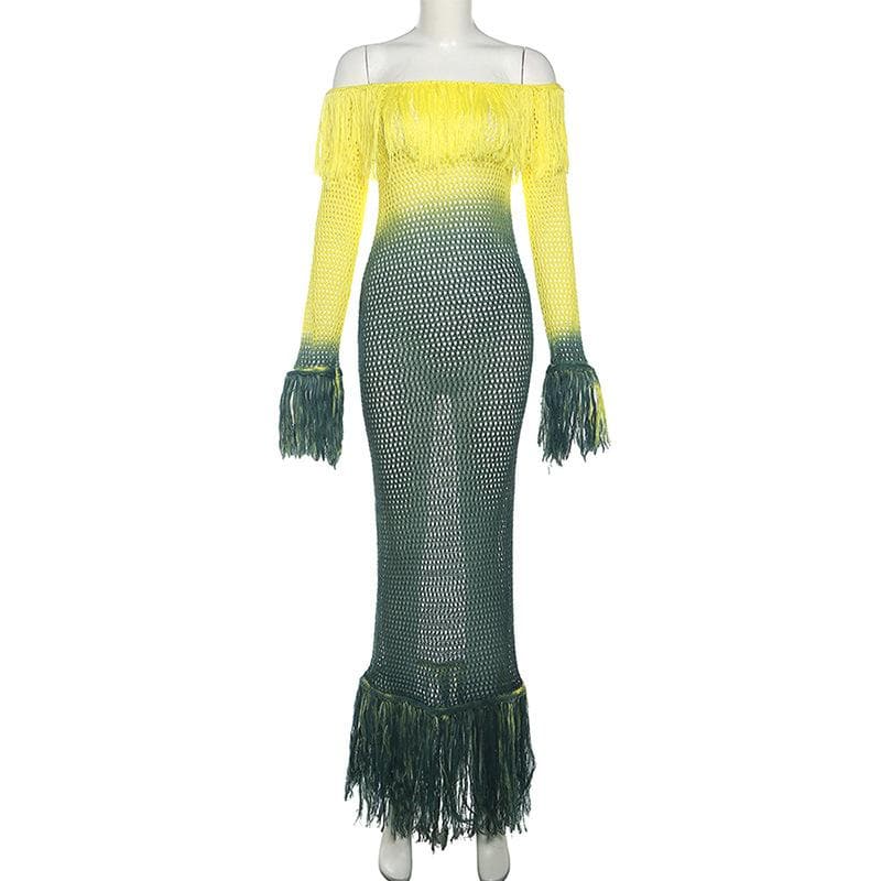 Crochet tassels off shoulder contrast long sleeve maxi dress - View 2