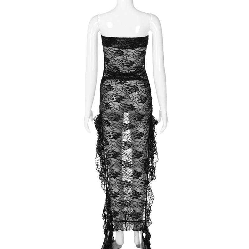 Slit ribbon lace see through solid tube maxi dress - View 4