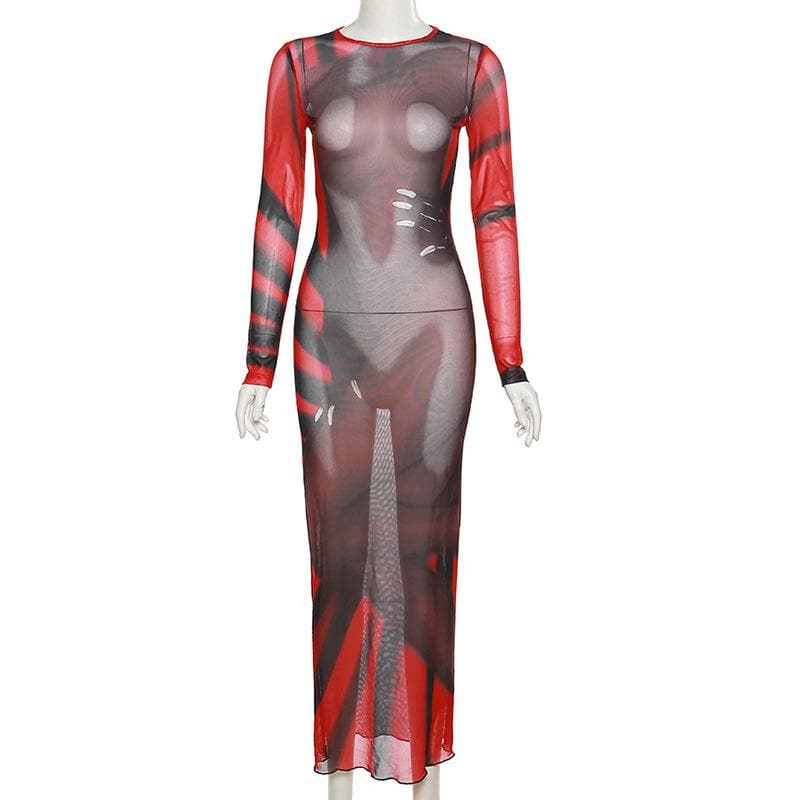 Long sleeve contrast sheer mesh see through midi dress - View 3