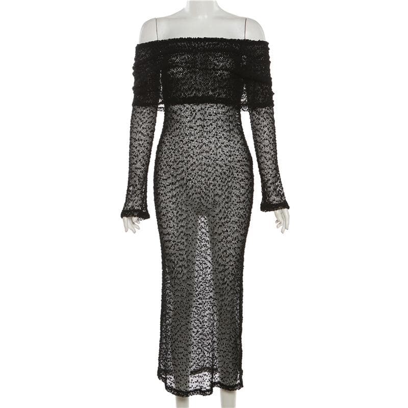 Textured glitter off shoulder long sleeve see through maxi dress - View 3