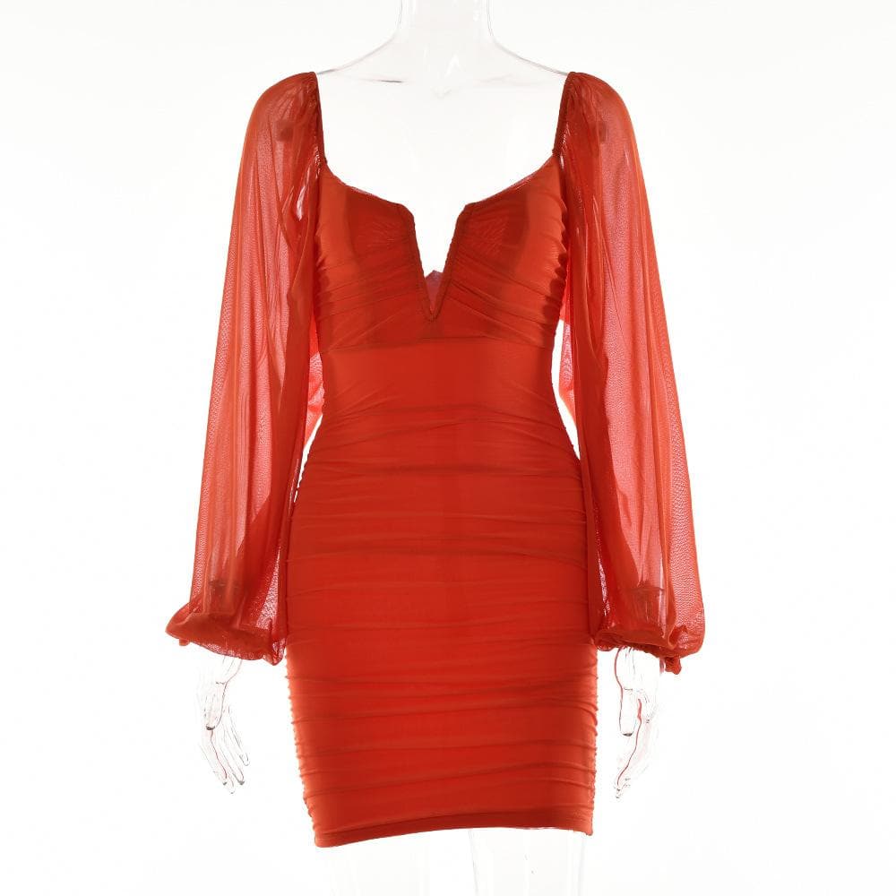 Mesh solid long sleeve ruched notch neck zip-up mini dress - View 13