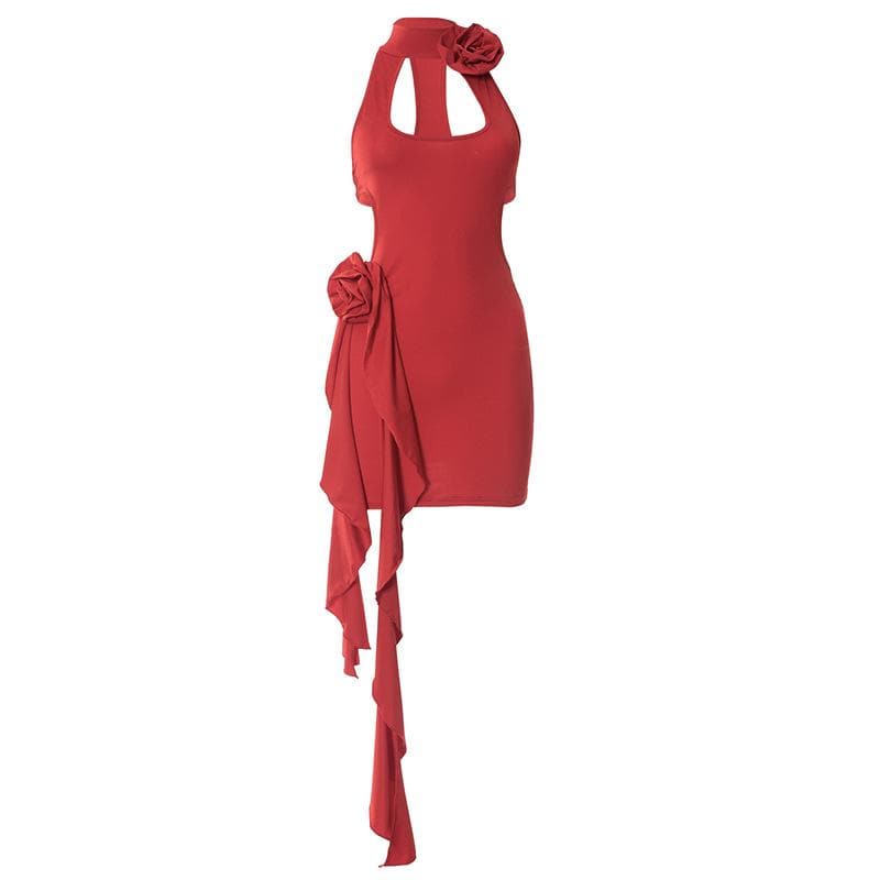 Halter Neck Cut Out 3D Rosette Ruffle Bodycon Mini Dress - View 2