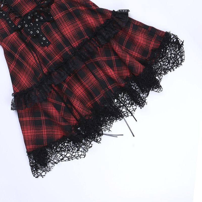 Zip-up lace hem lace up plaid backless mini dress - View 4