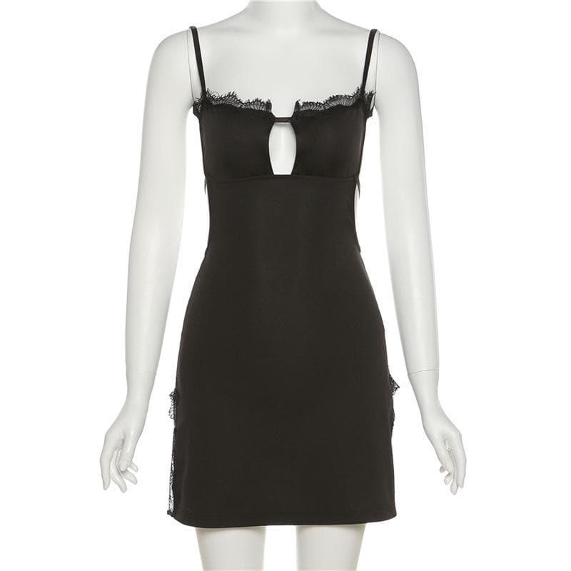 Lace hem solid hollow out backless slit cami mini dress - View 3