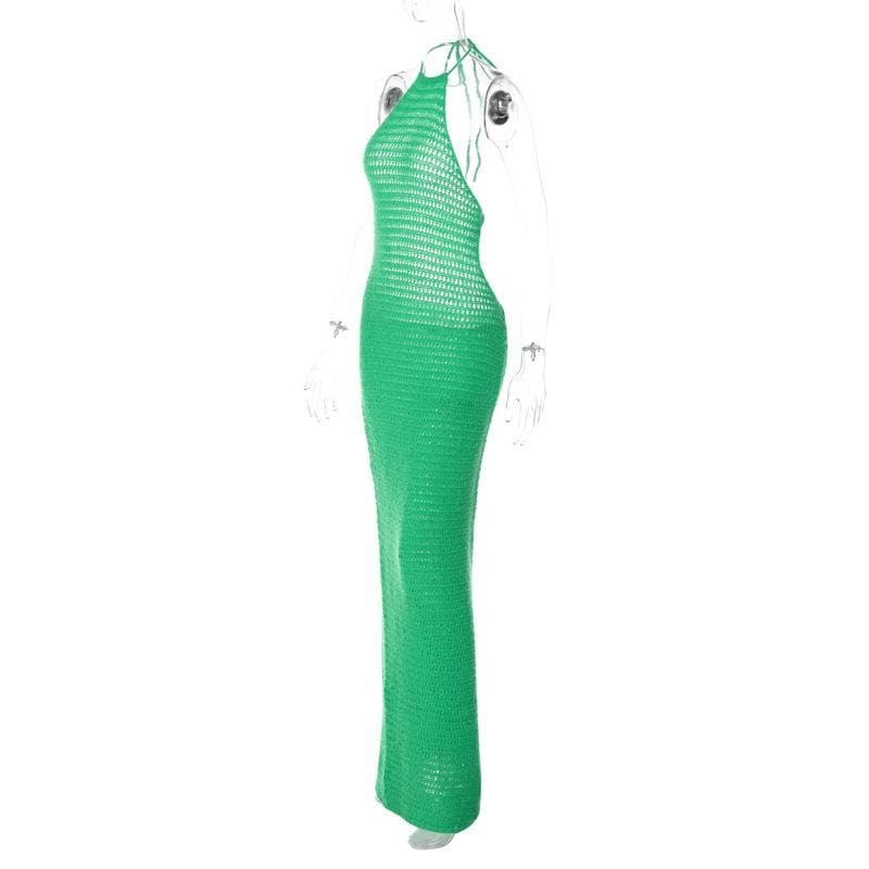 Crochet solid halter backless self tie maxi dress - View 7