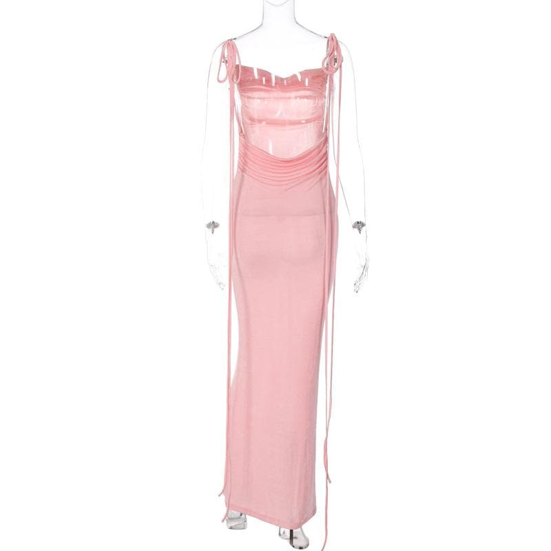 Ruched solid lace up backless cowl neck maxi dress - View 6