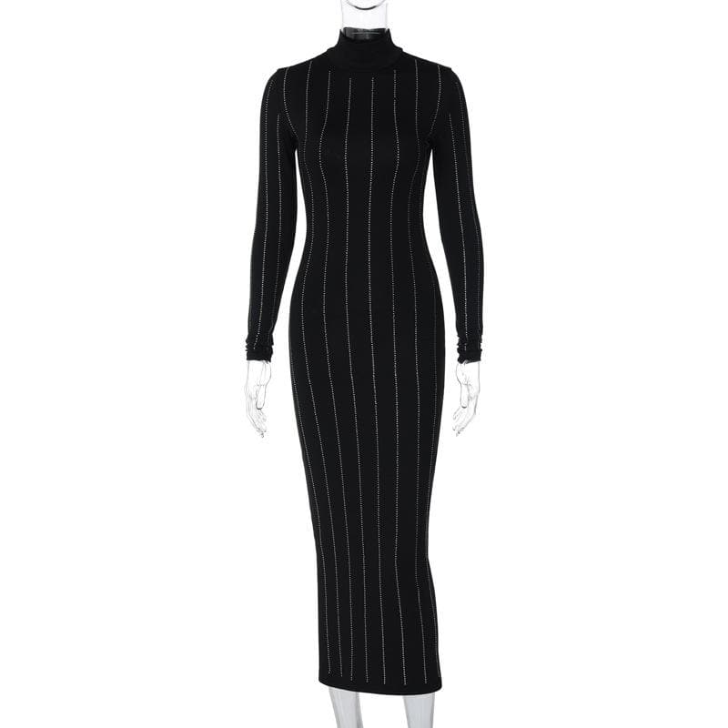 Long sleeve high neck beaded solid midi dress - View 4