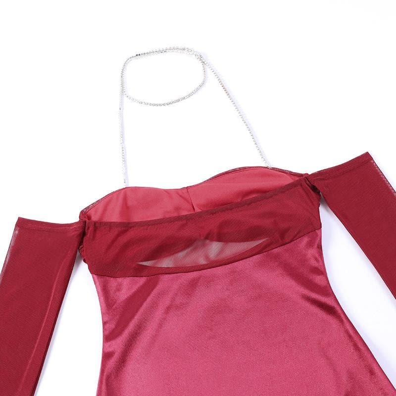 Mesh Glove Halter Neck Cut Out Ruched Bodycon Mini Dress - View 7