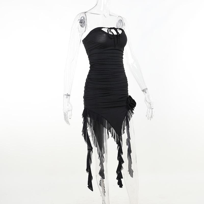 Strapless Cut Out Ruched Floral Applique High Low Midi Dress - View 4