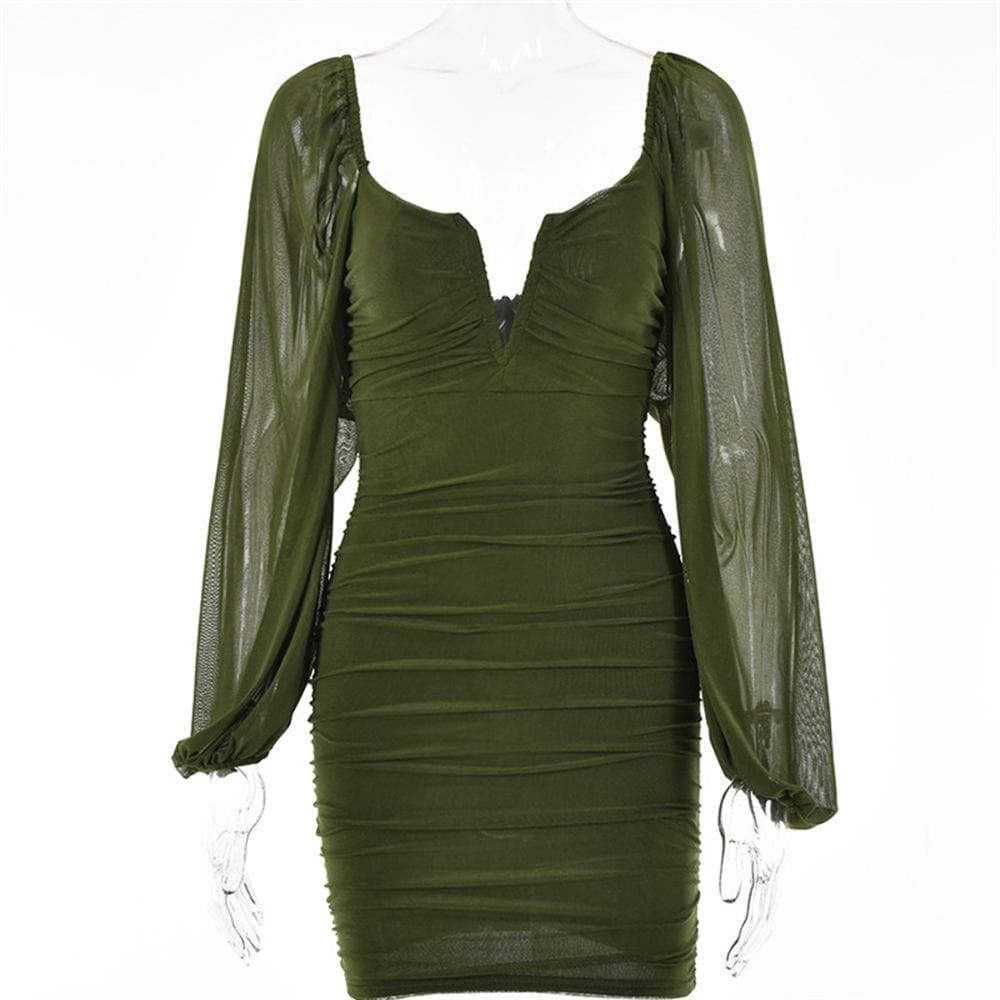 Mesh solid long sleeve ruched notch neck zip-up mini dress - View 17